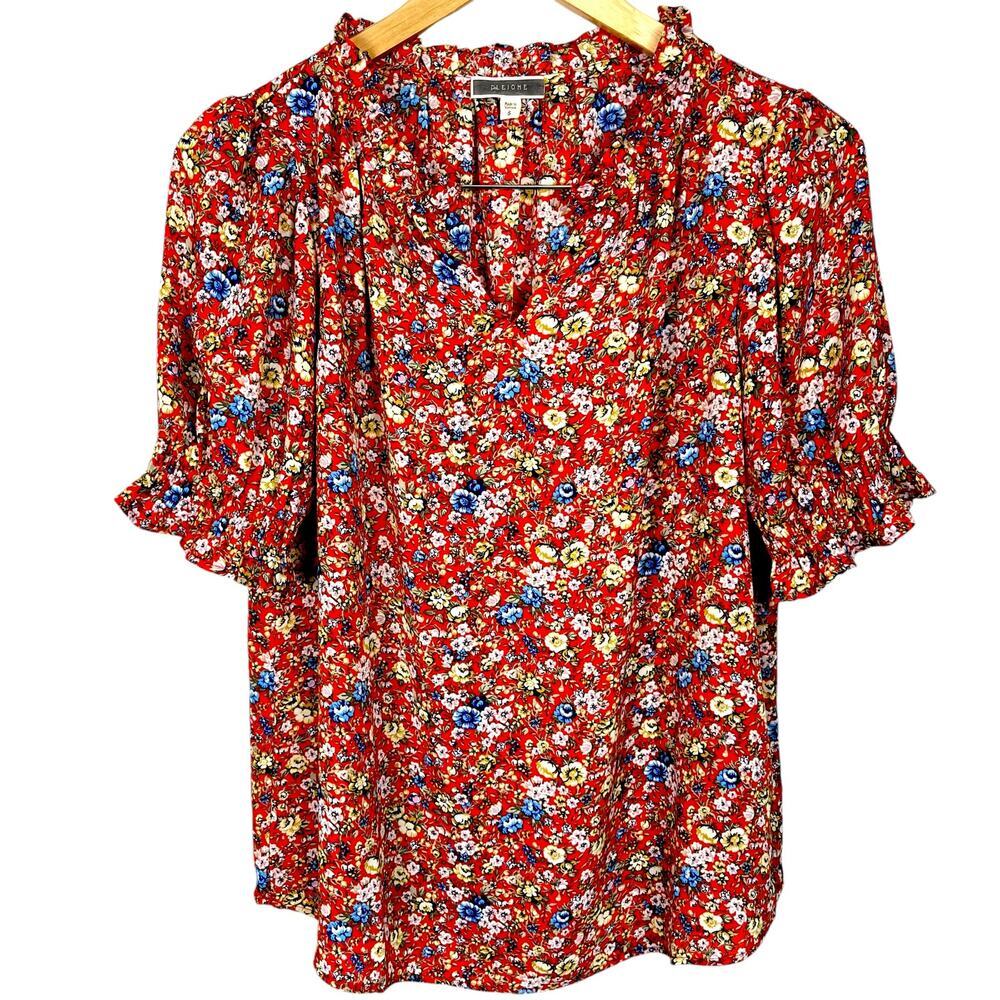 Pleione Women's Micro Floral Ruffle Short Sleeve Red Blue Yellow Sz S